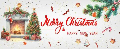 Christmas banner. Xmas background objects viewed from above. Calligraphy text Merry Christmas and Happy New Year. vector