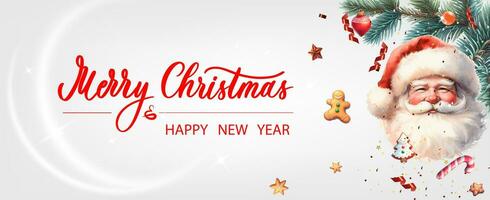 Christmas banner. Xmas background objects viewed from above. Calligraphy text Merry Christmas and Happy New Year. vector