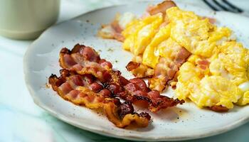 macro shot of fried bacon and scrambled eggs on a plate on a white marble serving table photo