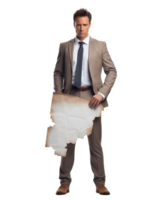 business man with a sad look on his face, He is holding a blank sign wearing suit . AI Generated png