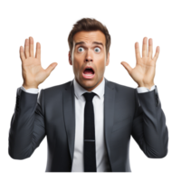 person wearing a suit, hands raised above their head, face facing forward, expression flustered . AI Generated png