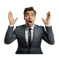 person wearing a suit, hands raised above their head, face facing forward, expression flustered . AI Generated png