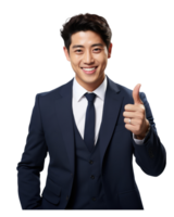 Man, half body, Asian, dark blue suit and happy smiling . AI Generated png