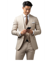 une permanent asiatique affaires homme dans lumière costume, à la recherche à mobile téléphone . ai généré png