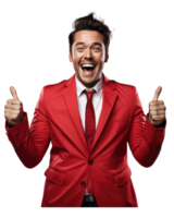 moderno homem dentro vermelho terno com dele acima mãos e feliz sorridente . ai gerado png