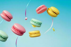 flying colorful macarons. AI Generative Pro Photo