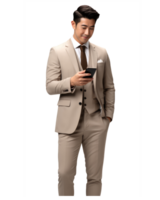 A standing Asian business man in light suit, looking at mobile phone . AI Generated png