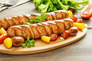 Grilled sausages with vegetables. AI Generative Pro Photo