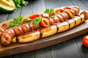 Grilled sausages with vegetables. AI Generative Pro Photo