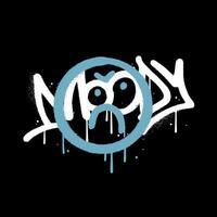 Abstract concept of angry emotional emoji face with urban graffiti word Moody. 90s style typography underground concept for tee design. Textured vector illustration.