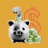 Trendy y2k halftone collage of hand putting coin into piggy bank. Grunge paper stickers of financial planning. Vector illustration.