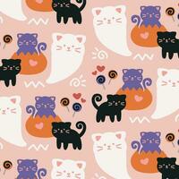 Seamless pattern with cute ghosts and cats in cute cartoon doodle style on a pink background. Vector illustration background for halloween