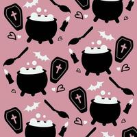 Seamless pattern with cute magic cauldrons in cute cartoon doodle style on a pink background. Vector illustration background for halloween.