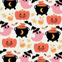 seamless halloween pattern with ghosts, bats and magic cauldrons vector