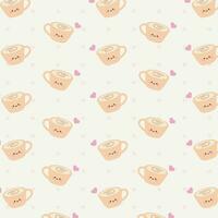 Vector seamless pattern of coffee cups and hearts on a pastel white background