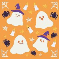 Seamless pattern with halloween monsters.Seamless pattern with cute ghosts in cute cartoon doodle style on a orange background. Vector illustration background for halloween.