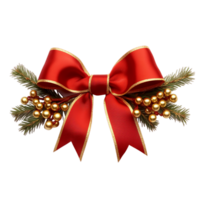 Christmas red bow with golden ornaments and tree branches ai generative png