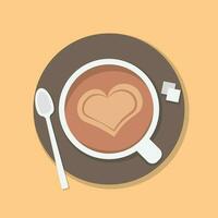 White Cup of coffee with heart. Spoon and sugar on a plate. Flat Lay view. vector