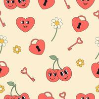 Groovy 70s trendy style Valentine's Day seamless pattern vector