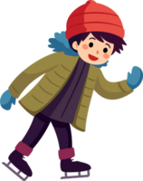 A happy child wearing colorful winter clothing is ice skating in the winter season. png