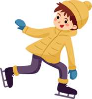 A happy child wearing colorful winter clothing is ice skating in the winter season. png