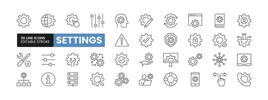 Set of 36 Settings or Setup line icons set. Settings or Setup outline icons with editable stroke collection. Includes Cogwheel, Web Development, Security, Customization, Preferences, and More. vector