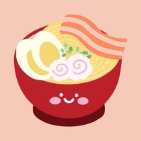 Cute Ramen Vector Illustration. Vector Cartoon Cute Ramen Red Bowl Isolated On White Background