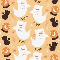 Halloween seamless pattern design with ghost, cat, and divination crystal ball vector