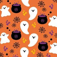 Seamless pattern with cute ghosts in cute cartoon doodle style on a orange background. Vector illustration background for halloween.