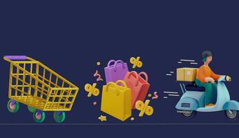 Shopping sale 3d background design copy space area, shopping basket, pepper bag, package delivery courier photo