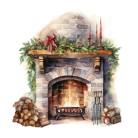 Fireplace For Christmas Event. Watercolor Style. AI Generated png