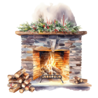 Fireplace For Christmas Event. Watercolor Style. AI Generated png