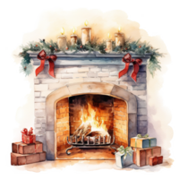 Fireplace For Christmas Event. Watercolor Style. AI Generated png