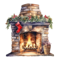 Fireplace For Christmas Event. Watercolor Style. AI Generated png