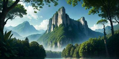 Landscape, green summer jungle in the mountains. Generative AI photo