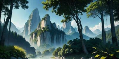 Landscape, green summer jungle in the mountains. Generative AI photo