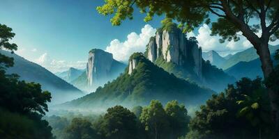 Landscape, green summer jungle in the mountains. Generative AI photo