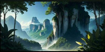Landscape, green summer jungle in the mountains. Generative AI photo