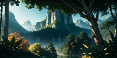 Landscape, green summer jungle in the mountains.Generative AI photo