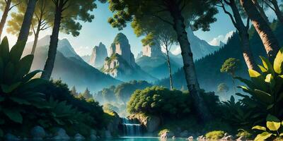 Landscape, green summer jungle in the mountains. Generative AI photo