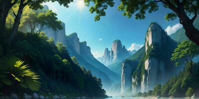 Landscape, green summer jungle in the mountains.Generative AI photo
