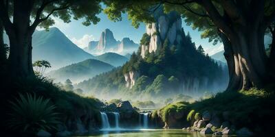 Landscape, green summer jungle in the mountains. Generative AI photo