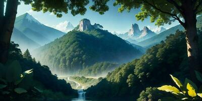 Landscape, green summer jungle in the mountains.Generative AI photo