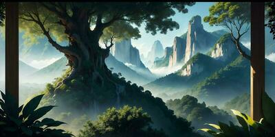 Landscape, green summer jungle in the mountains.Generative AI photo