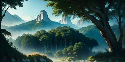 Landscape, green summer jungle in the mountains. Generative AI photo