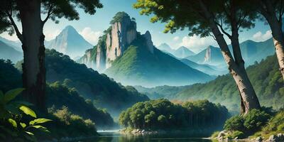 Landscape, green summer jungle in the mountains. Generative AI photo