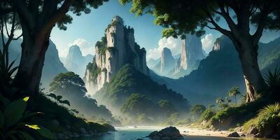 Landscape, green summer jungle in the mountains. Generative AI photo