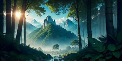 Landscape, green summer jungle in the mountains.Generative AI photo