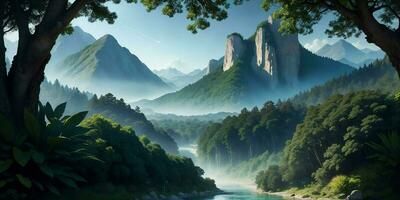 Landscape, green summer jungle in the mountains.Generative AI photo