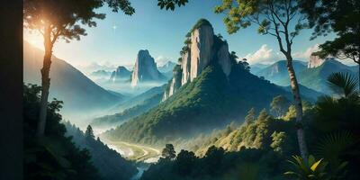 Landscape, green summer jungle in the mountains.Generative AI photo